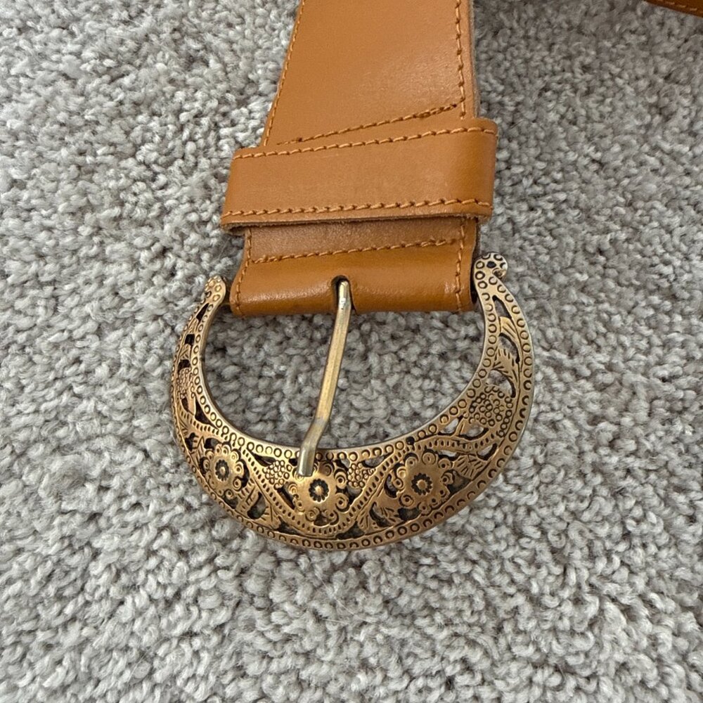 Axcess Genuine Leather Belt Camel Gold/Brass Buckle Pattern Size M Made in Italy - Picture 2 of 4